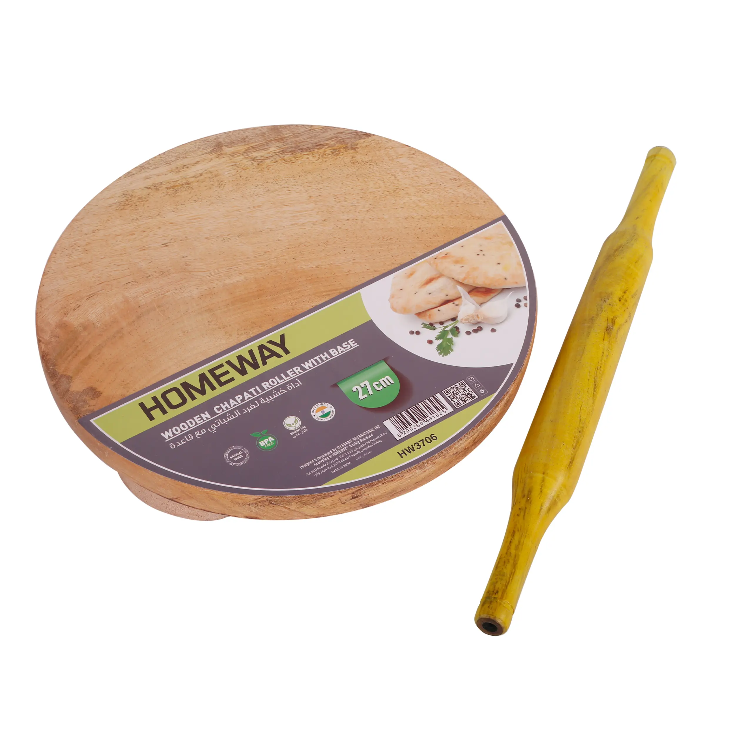 Homeway Wooden Chapati Roller With Base 27Cm  HW3706